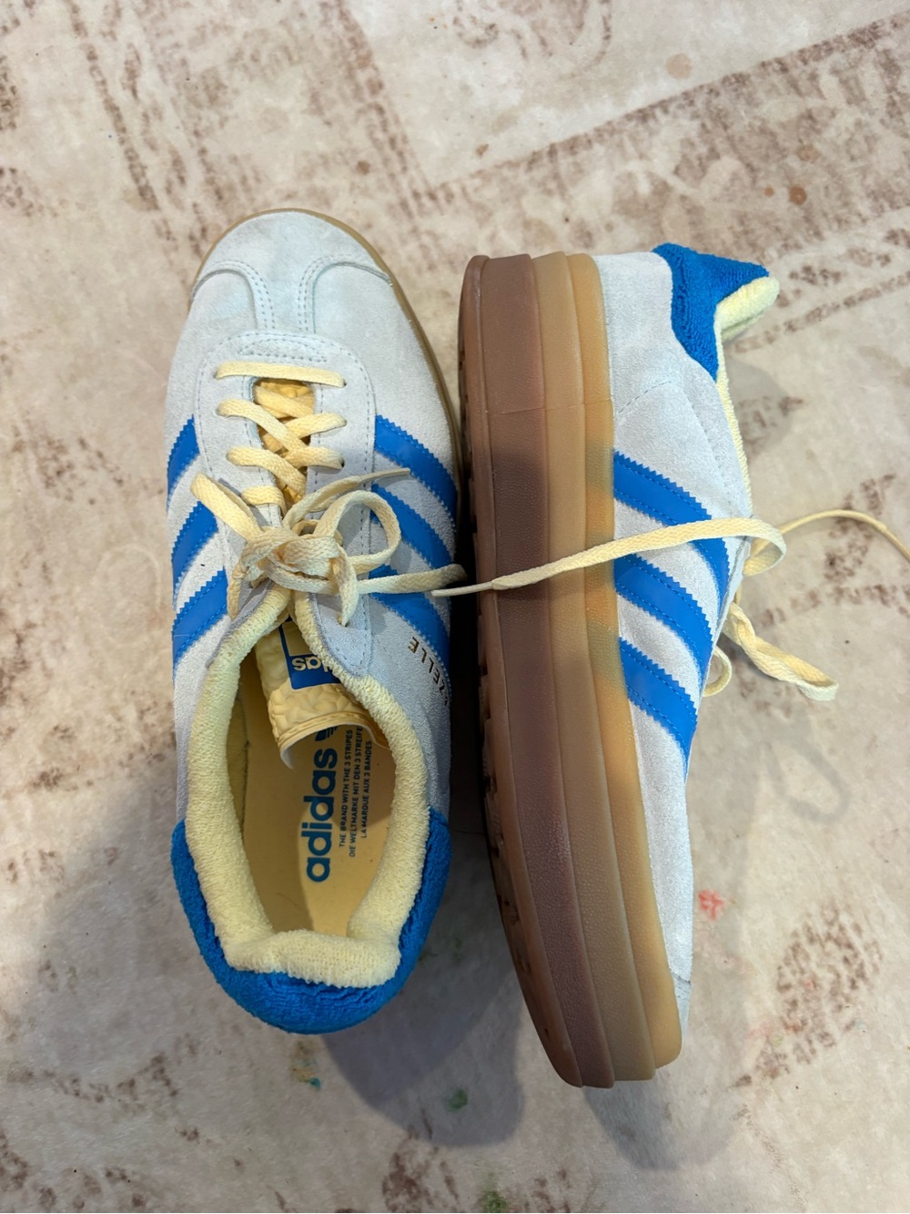 adidas Kids White Suede Sneakers with Blue Stripes and Yellow Accents